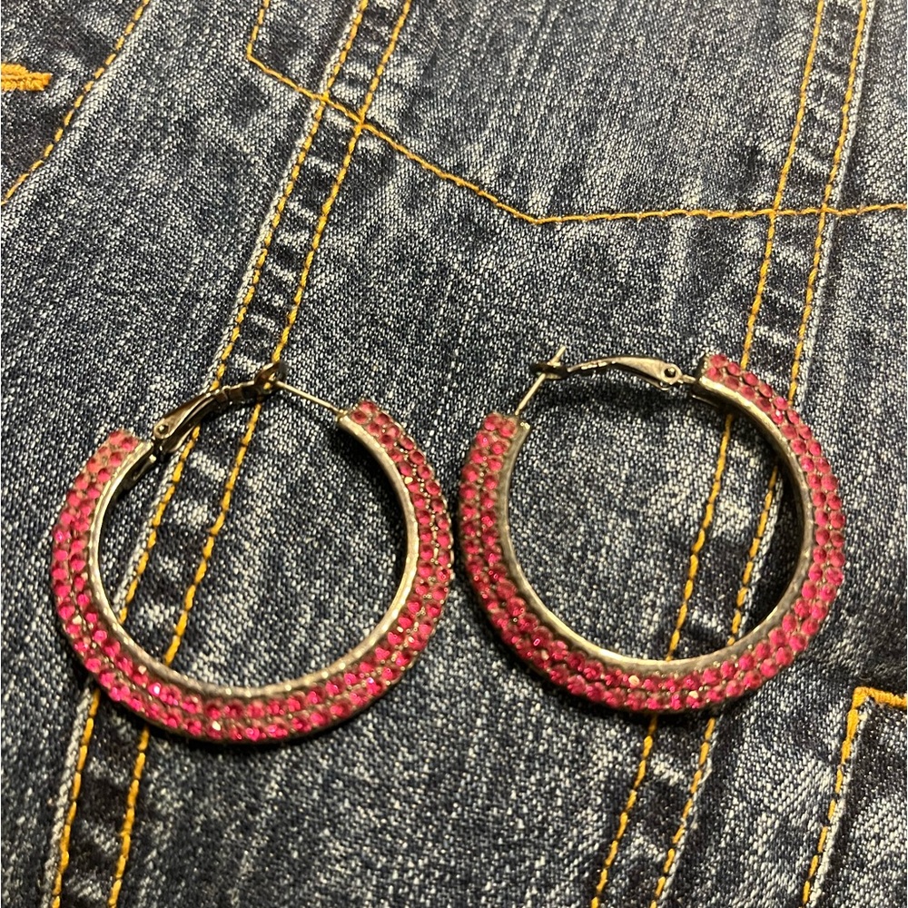 Bling Pink Metal Hoop Earrings for pierced ears.